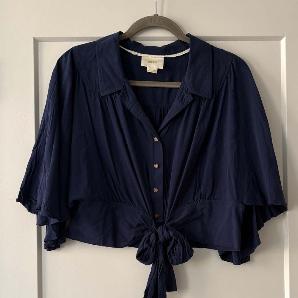 Anthropologie Maeve Navy Tie-Front Blouse